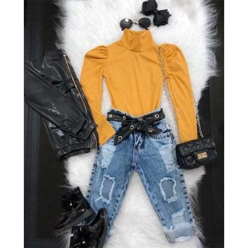 Girls Clothes Set New Kids Clothes Suit Children Clothes Solid Turtleneck Long Sleeve Knitted Girl Tops+Ripped Jeans Pants Sets