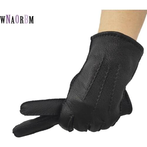 Deer skin pattern design leather gloves male warm soft Sheepskin mens glove black three lines design men mittens Hand sewing