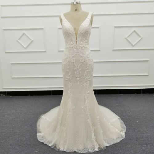 Molanda Hung Deep V Neck Lace Wedding Dresses 2021 robe de mariage Beaded Appliqued Bridal Dresses vestido de noiva GLT238-1