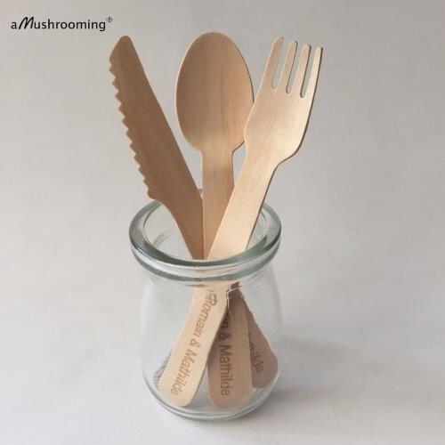 Set of 50 Disposable Cutlery Wedding Party Tableware Custom Engraved Birchwood Serving Spoons Forks Knives with Name and Date