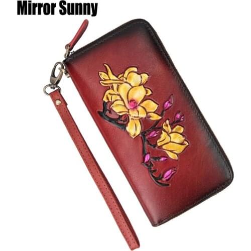 New Womens Wristband Wallet Female Floral Long Hand Brushed Colored Purse Large Capacity Cowhide Leather Zipper Handbag Wallet