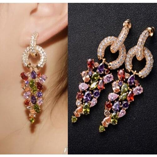 Luxury Style Full Pave AAA+ Top Austria Zircon Crystal Flower Long Dangle Earrings Famous Brand Bride Earrings