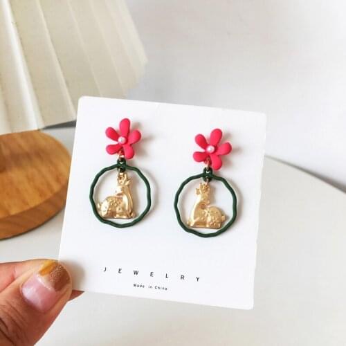 S925 Needle Sweet lovely flower fun fawn irregular circle deer earrings