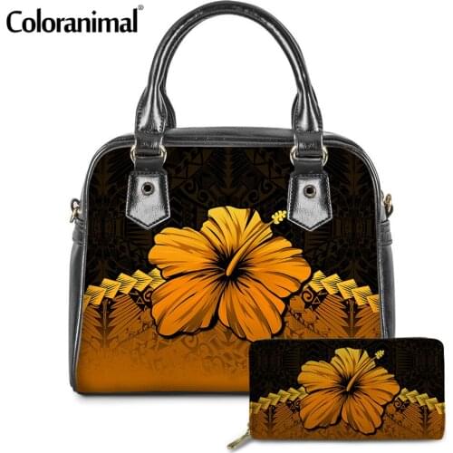 Coloranimal 2Pcs/Set PU Shoulder Bag With Wallet for Women Samoan Polynesian Hibiscus Print Ladies Messenger Bag Bolsa Totes Hot