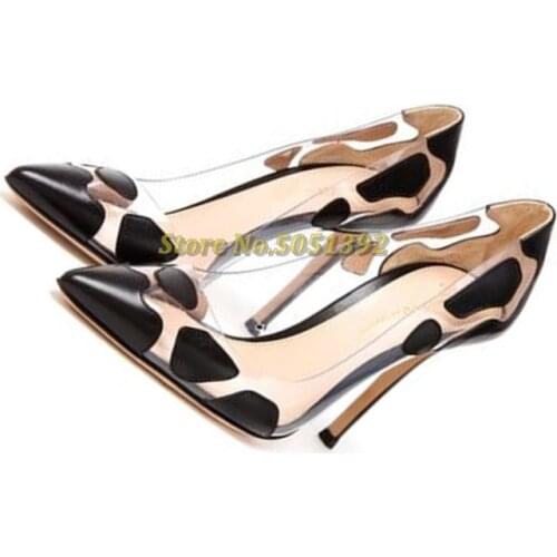 Stylish Patchwork Clear PVC Pumps Thin High Heels Sexy Pointed Toe Shallow Slip on High Heels Black Red Blue New Arrivals Shoes