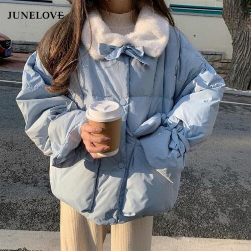 JuneLove 2021 Winter Women Sweet Single Breasted Bow Coat Female Thick Warm Parkas Jacket Pink Blue Pocket Cute Fur Collar Coats