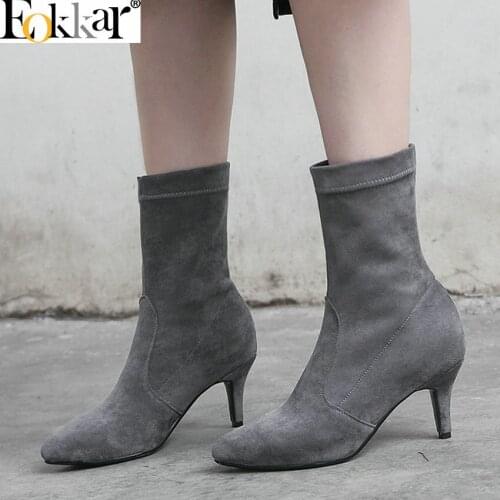 Eokkar 2020 Women Mid Calf Boots Women Shoes Slip on Pointed Toe Thin High Heel Fashon Women Boots Sexy Winter Boots Size 34-43
