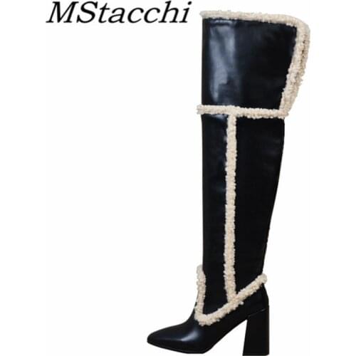 MStacchi 2020 Winter Boots For Women Square Toe Chunky Heels Plush In Black Shallow Microfiber Boots ElegantO Ver The Knee Boota