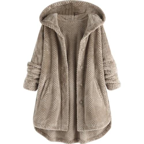 Plus Size S-5XL Stylish Womens Coat Fleece Irregular Long Sleeve Button Pocket Warm Hooded Ladies Coat chaquetas mujer 2019