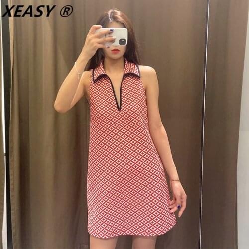 XEASY Za Knitted Dress Woman Jacquard Red Short Sleeveless Mini Summer Dresses 2021 Vintage Street Casual Dresses Mujer