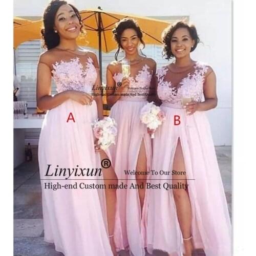 2021 cheap Chiffon blush pink Bridesmaid Dresses Appliqued Illusion Bodice Sexy Split Summer Black Women Maid Of Honor