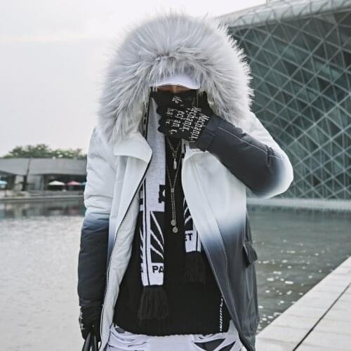 2020 Winter Warm Gradient Parkas Men Women Streetwear Thick Jackets Coat Fashion Harajuku Hoody Fur Collar Coats
