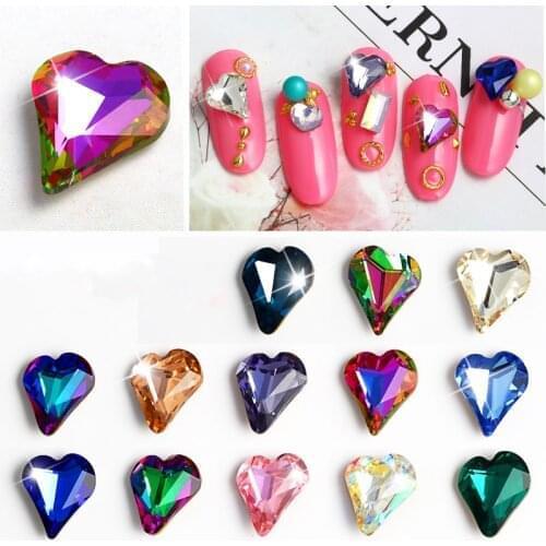 30Pcs 12x13mm Crooked Heart Nail Art Diamond Multiple colour Pointed Bottom Crystal Glass Gems Stone For DIY 3D Nails Decoration