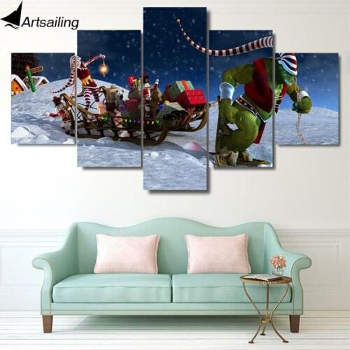 5 piece canvas painting Christmas gifts sleigh HD posters and prints canvas painting for living room free shipping XA2217A