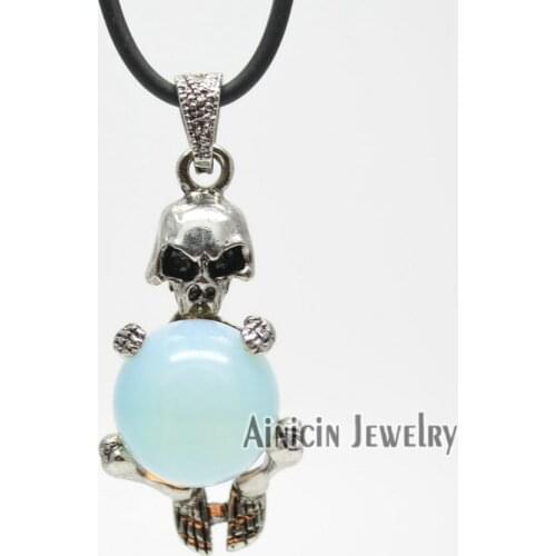 5pcs Human Skeleton With White Opal Ball Pendants 18 Inches Rubber Chain Necklace For Men and Women Halloween Jewelry Gift