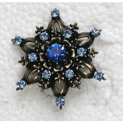 Antique Bronze Blue Rhinestone Flower Pin brooches C461 B4