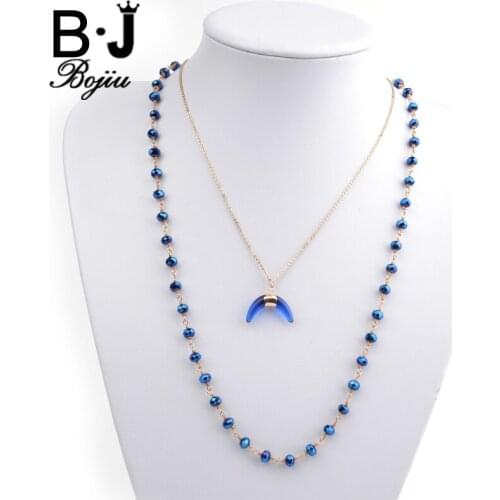 BOJIU Pendant Necklace Crystal Beaded 2 Layers Chain Necklace Romantic Trendy Girl Crescent Necklaces With Copper Chain NKS087