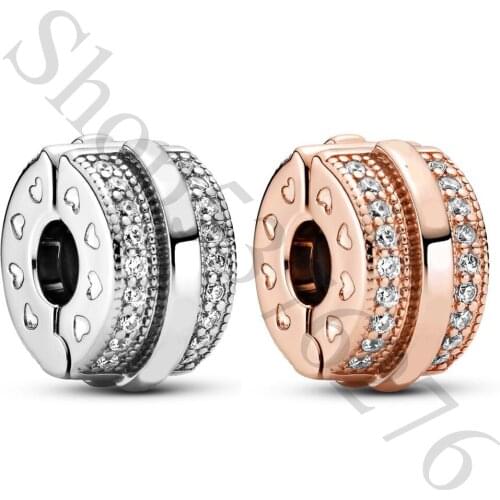 Real 925 Sterling Silver Bead Sparkling Pavé Lines & Logo Clip Charm Fit Fashion Women Pandora Bracelet Bangle Gift DIY Jewelry