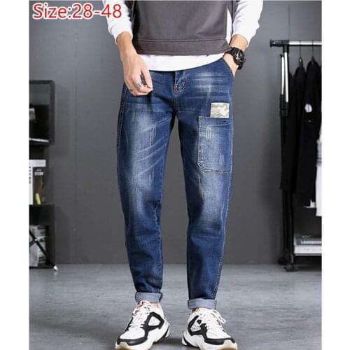 Pencil Jeans Men HipHop Distressed Black Denim Pants Man Pocket Boys Plus Size 44 46 48 Stretched Elastic Autumn Winter Trousers