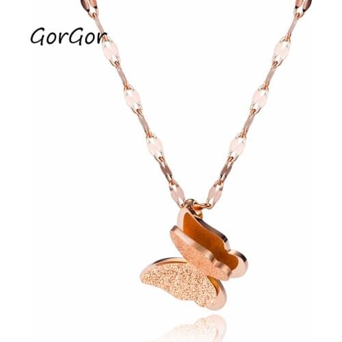 GorGor Women Necklace Matte Double Layer Butterfly Design Stainless Steel Chains Lobster Buckle Ladies Fashion Accessories 1665