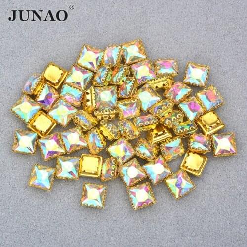 JUNAO 50pcs 8mm Sewing Square Claw Rhinestone With Settings Golden Claw Glass Strass Sewn Fancy Crystal Stones for Wedding Dress
