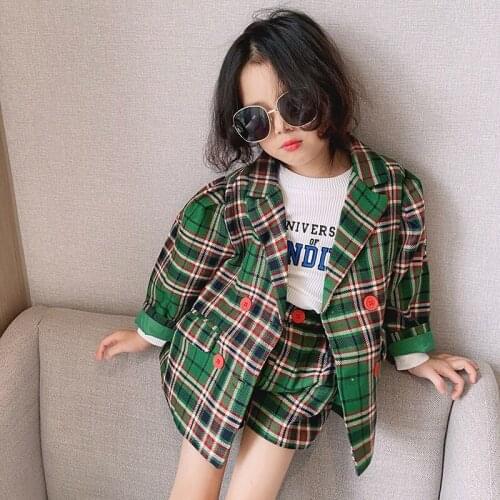 Childrens clothing Set Girl 2021 autumn new product plaid embroidery suit jacket shorts Two-piece suits For 3 4 5 6 7 8 9 Years