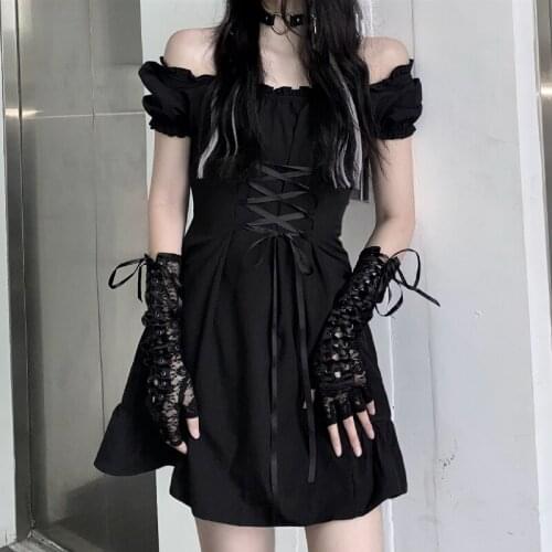 Japanese Harajuku Summer Black Dress For Women Vintage Square Collar Bandage Bow Puff Sleeve Ruffle Preppy Style Party Dresses