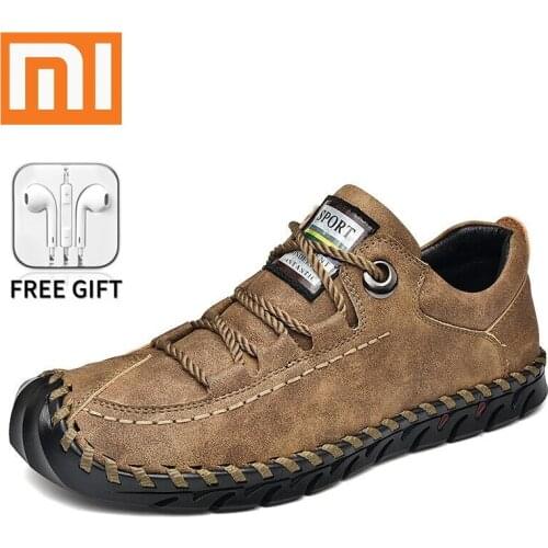 Xiaomi Men Shoes Breathable Leather Handmade Loafers Men Casual Soft Shoes Flat Moccasins Men Non-Slip Outdoor Walking Sneakers