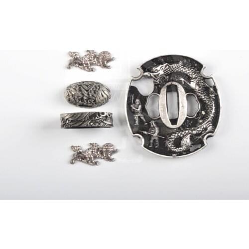 Set Fitting accessory silvery alloy Tsuba Case For Sword Katana falchion Blade Broadsword Dragon