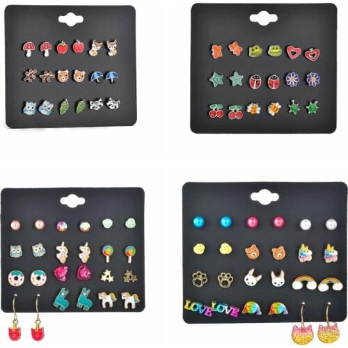 MissCyCy 12Pairs/Set Cute Fruit Animal Stud Earrings Set For Children Women Frog Fox Star Heart Shape Ear Jewelry Wholesale