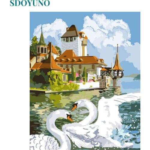 SDOYUNO 60x75cm Painting By Numbers DIY Swan Paint By Numbers On Canvas Castle Frameless Digital Hand Painting Home Decoration