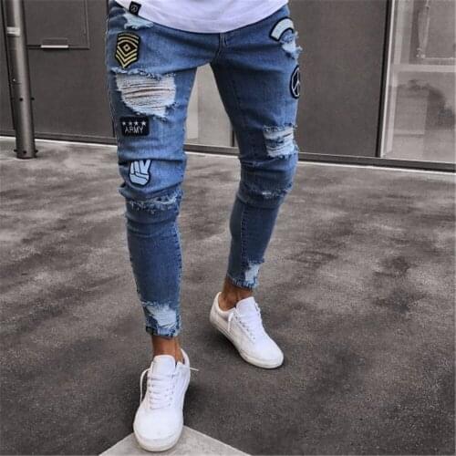 2021 New Fashion Ripped Badge Print Jeans For Men Street Casual Slim Denim Pencil Pants S-3XL Drop shipping