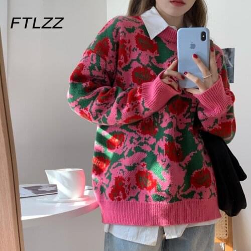 2021 New Women Vintage Sweater Spring Autumn Retro Rose Jacquard Pullover Sweater Woman Korean Fashion Oversized Loose Knit Top