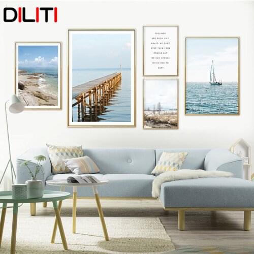 Beach Bridge Canvas Painting Blue Sky Sea Landscape Wall Art Picture Nordic vacation Posters and Prints for Living Room Decor