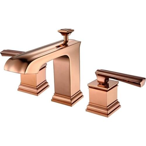 Rose Gold Pvd Solid brass Three Holes Widespread Bathroom Sink Square Faucet New Hot and cold luxury unique Basin Mixer Tap