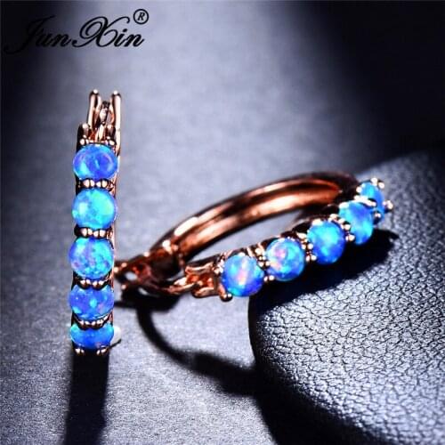 Single Row Blue White Fire Opal Earrings Silver Rose Gold Color Rainbow Birthstone Round Hoop Earrings For Women Wedding Jewelry