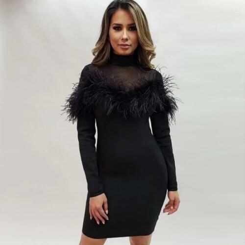 Chic Feather Mesh Patchwork Bandage Dress Long Sleeve Mock Neck Vestidos Solid Mini Bodycon Black Party Dress