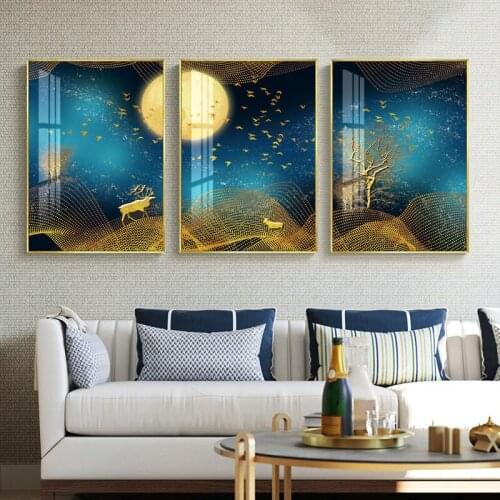Modern Abstract Golden Landscape Canvas Paintings for Living Room Moon Wall Art Posters And Prints Restaurante Home Unique Decor