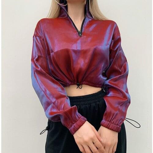 Reflective Womens Sweater 2021 Fashion Long Sleeve Solid Loose Pullover Zipper Drawstring Streetwear Turtleneck Cropped Sweater