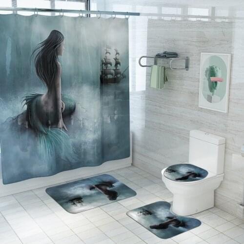 Mermaid Shower Curtain Eco-friendly Prints Polyester High Quality Anti-skid Bath Rug Carpet Toilet Lid Cover Bath Mat Home Decor