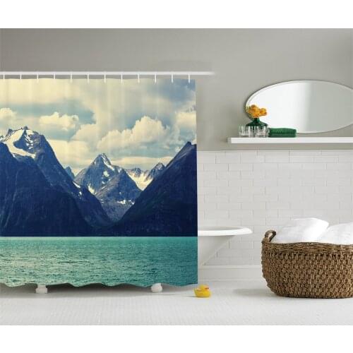 Snowy Nature Shower Curtains Decor Northern Norway Mountains and Atlantic Coastline Fishing Harbor Print Bathroom Curtain