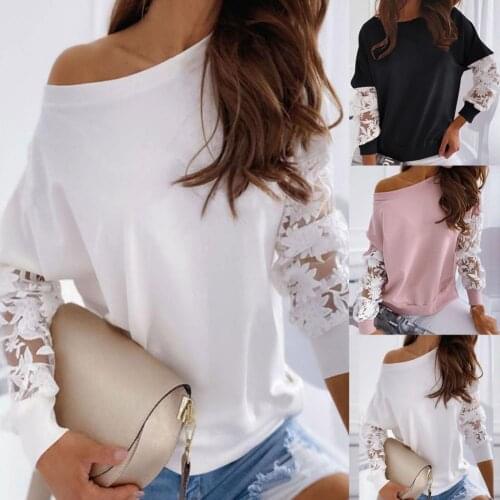 Women Blouse 2021 Sexy Embroidery Lace Long Sleeve Sweatshirt Patchwork O Neck Loose Sweatshirts Pullover Top рубашка женская