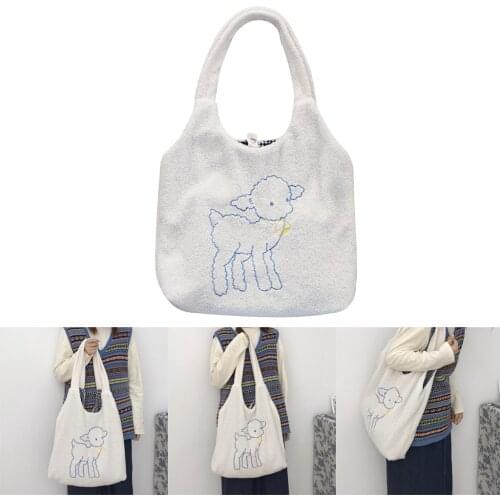 Women Lamb Like Shoulder Tote Bag Plush Fleece Hangbag Tote, Casual Large Capacity Embroidery Sheep Shoudler Bag for Girls