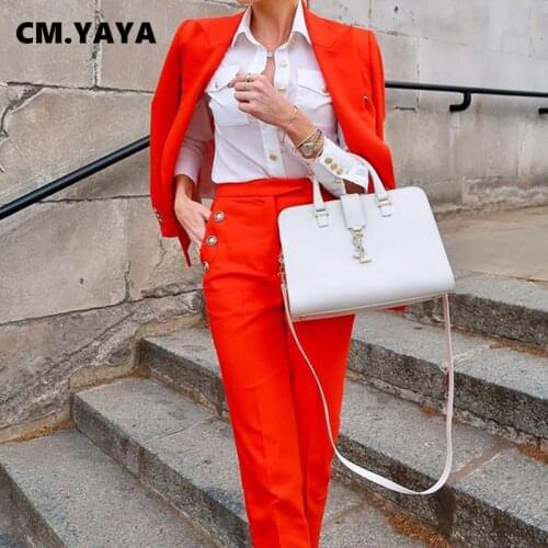 CM.YAYA Women Pants Suits Solid Full Sleeve Tops Straight Pockets Pants Two 2 Piece Sets Office Lady Fashion Outfits Autumn 2021
