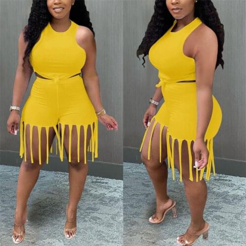 Thorn Tree 2 Pieces Clubwear Women Suits Sleeveless Tank Bandage Crop Tops High Waist Tassels Biker Shorts Summer Outfits 2021