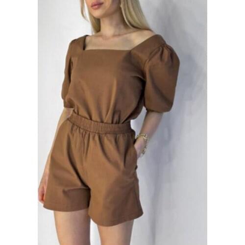 Holiwind 2021 Shorts Sets Women Solid Color Pure Cotton Two Piece Set Women Plus Size Sets Puff Sleeves Pyjamas