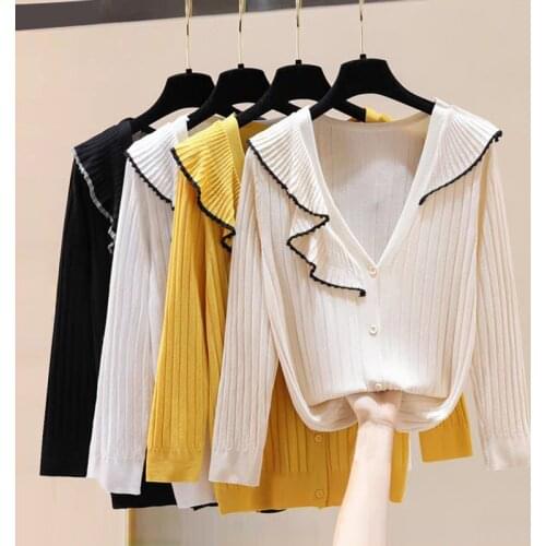 2021 Spring Knitted Cardigan Sweater Women Fashion Ruffles Patchwork Casual Cardigans Summer 3/4 Sleeve V Neck Knit Outwear Coat