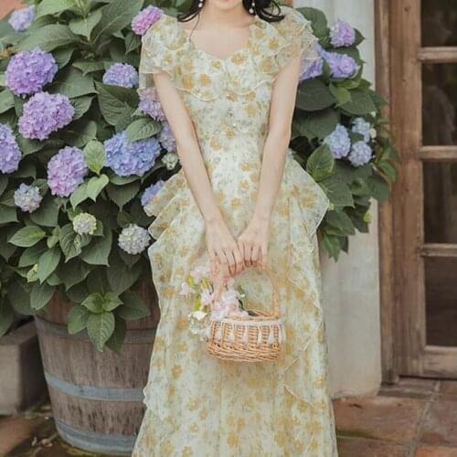 French Vintage Fairy Dress Women Ruffle Irregular Designer Long Floral Dress 2021 Summer Elegant Korean Holiday Victorian Dress