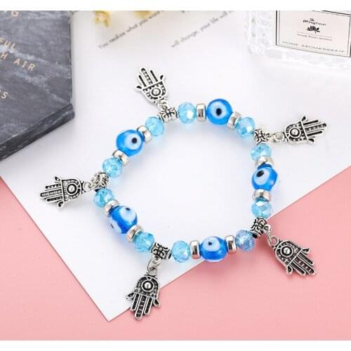 2021 Fashion Antique Silver Color Palm Charm Bracelet Bohemia Evil Eye Handmade Colorful Crystal Beaded Bracelet for Women Gifts