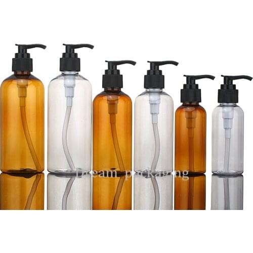 20 x 100ml/200ml/300ml Brown / Clear PET Bottle,Brown lotion Container With Black Lotion Pump, Empty Shampoo Refillable Bottles